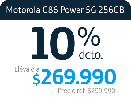 Motorola G86 Power 5G 256GB. 20% dcto. Llévalo a $269.990. Precio referencia $299.990