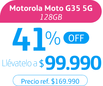 Motorola Moto G35 5G 128GB, 41% OFF. Llévatelo a $99.990. Precio ref. $169.990
