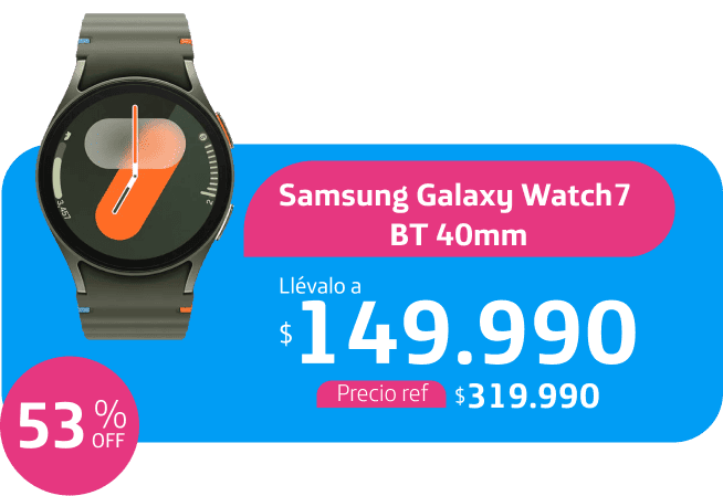 Samsung Galaxy Watch7 BT 40mm, 53% OFF. Llévatelo a $149.990. Precio ref. $319.990
