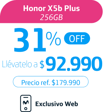 Honor X5b Plus 256GB, 31% OFF. Llévatelo a $92.990. Precio ref. $179.990. Exclusivo web