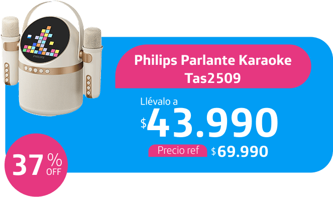 Philips Parlante Karaoke Tas2509, 37% OFF. Llévatelo a $43.990. Precio ref. $69.990