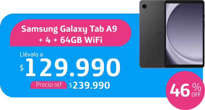 Samsung Galaxy Tab A9 + 4 + 64GB WiFi, 46% OFF. Llévatelo a $129.990. Precio ref. $239.990